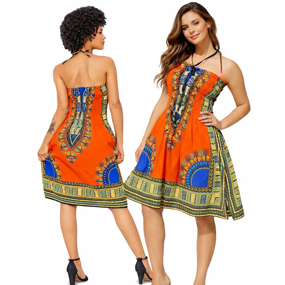African Dashiki Print Halter Dress Women’s Orange Knee Length Summer Sundress